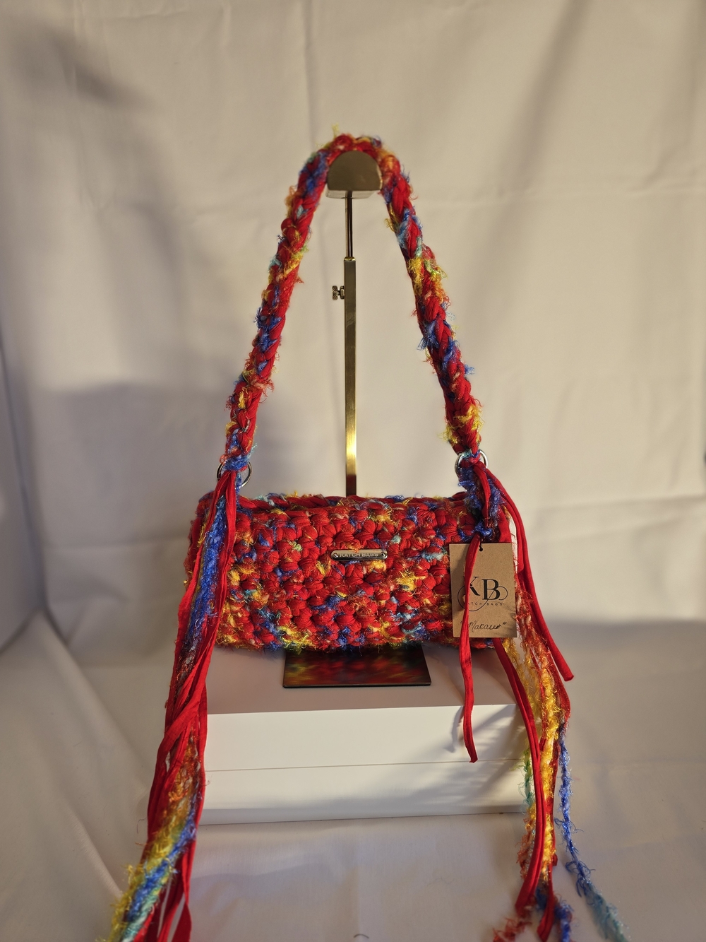 Hand Crafted Multicolor Crochet Shoulder Bag - Red, Blue & Yellow